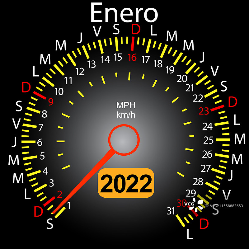 2022年日历，西班牙语的汽车速度表，1月。2022年日历，西班牙语的汽车速度表，1月。图片素材