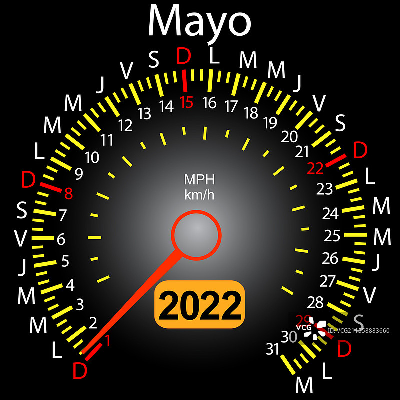 2022年日历，西班牙语的汽车速度表，五月。图片素材