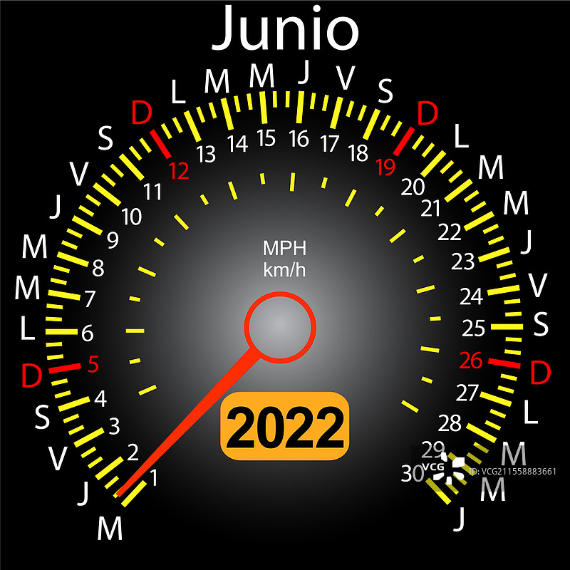 2022年日历，西班牙语的汽车速度表，六月图片素材