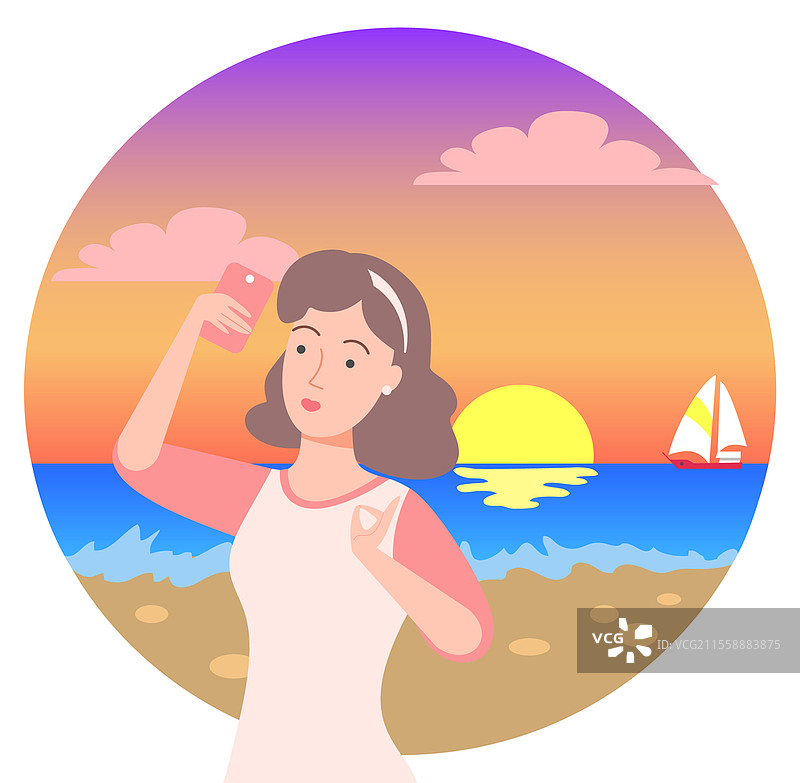 度假中的女性角色矢量图，女人在日落时拍照。海景中有船，海岸上的日落，平面风格的女士用手机自拍。女人在热带日落景观中拍照。图片素材
