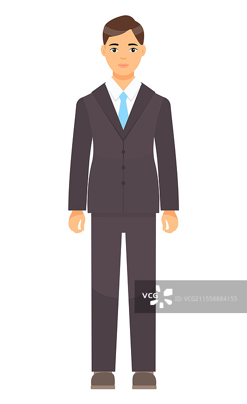 穿着时尚棕色西装和蓝色领带的孤立卡通商人角色。身穿夹克和长裤，白色衬衫。商务人士风格。办公室工作人员的着装规范。棕色头发的男士，服装元素。孤立的卡通角色，商人着装规范，穿着棕色西装和蓝色领带的办公室工作人员。图片素材