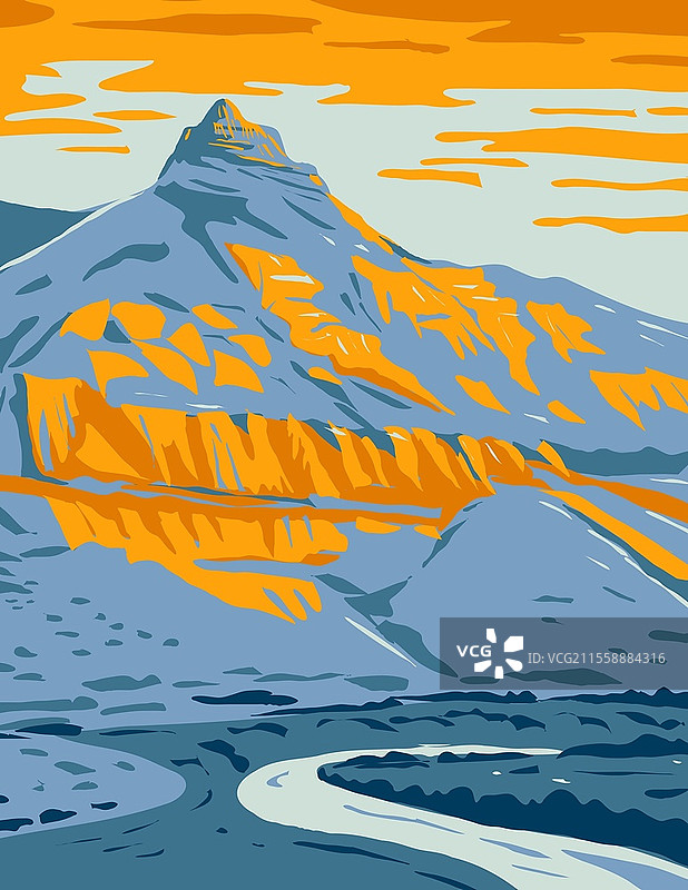 约翰·戴化石床国家纪念碑羊岩单元的羊岩WPA海报艺术，位于俄勒冈州惠勒县和格兰特县，以工作项目管理风格或联邦艺术项目风格创作。图片素材