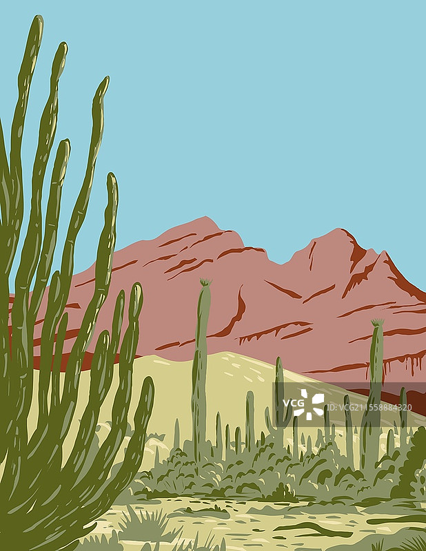 亚利桑那州的管风琴仙人掌国家纪念碑和生物圈保护区海报艺术，位于与墨西哥索诺拉州接壤的地区，采用工作项目管理风格。图片素材