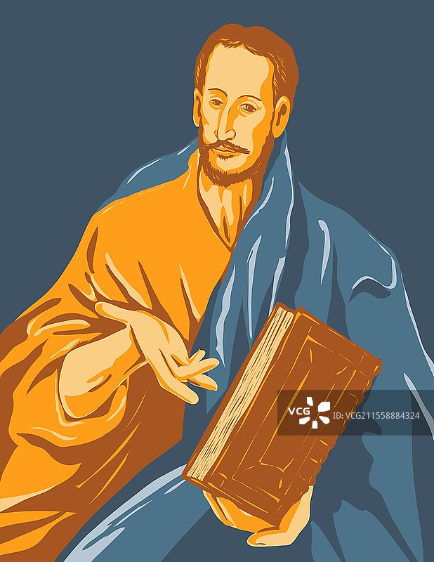 WPA海报艺术对16世纪西班牙文艺复兴艺术家埃尔·格列柯（El Greco）作品《圣雅各小者》（Saint James the Minor or the Less，约1609年）的诠释。埃尔·格列柯（Domenikos Theotokopoulos）作品《圣雅各小者》（Saint James the Minor or Saint James the Less，约1609年）WPA海报艺术。图片素材