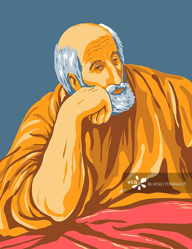 WPA海报艺术对16世纪西班牙文艺复兴艺术家埃尔·格列柯（El Greco）创作的《圣约瑟》约1600年的作品的解读。埃尔·格列柯（Domenikos Theotokopoulos）创作的《圣约瑟》约1600年WPA海报艺术。图片素材