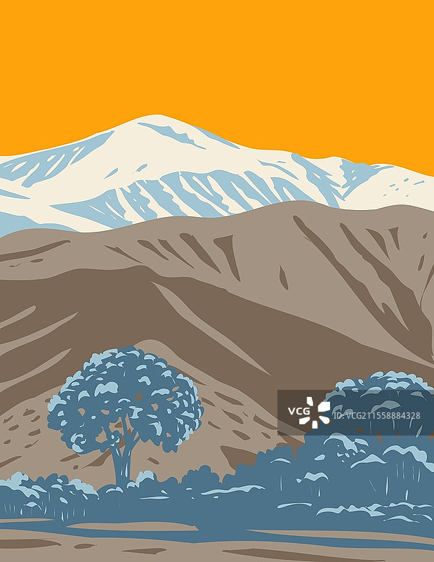 南加州沙漠到雪山国家纪念碑的WPA海报艺术，涵盖圣贝纳迪诺山脉、莫哈维沙漠和科罗拉多沙漠。图片素材