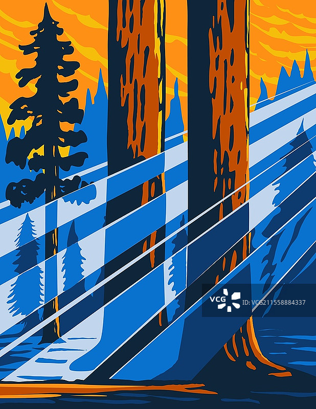 南塞拉山脉东中部加利福尼亚州的巨型红杉国家纪念碑的WPA海报艺术，采用工作项目管理局或联邦艺术项目风格。图片素材