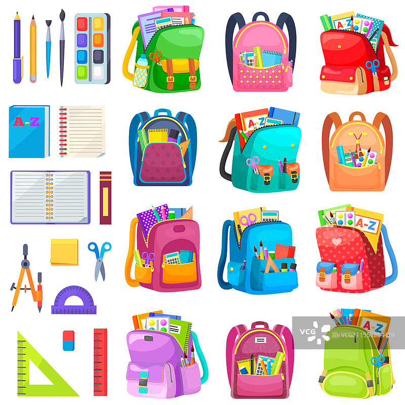 书包套装，包括笔记本和贴纸、分隔页和剪刀、尺子和带流苏的铅笔。橡皮和笔的标签在白色背景上，办公用品和背包的矢量图。返校概念。平面卡通风格。背包和书法贴纸，学校标志矢量图。图片素材