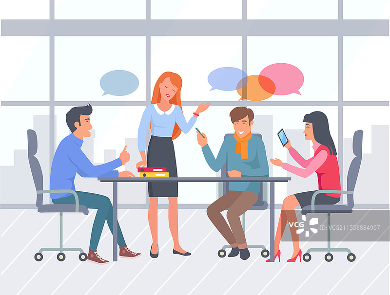 商务会议讨论公司项目开发的矢量图，男女使用智能手机。团队的社交互动与合作。商务人士会议，办公室会议。图片素材