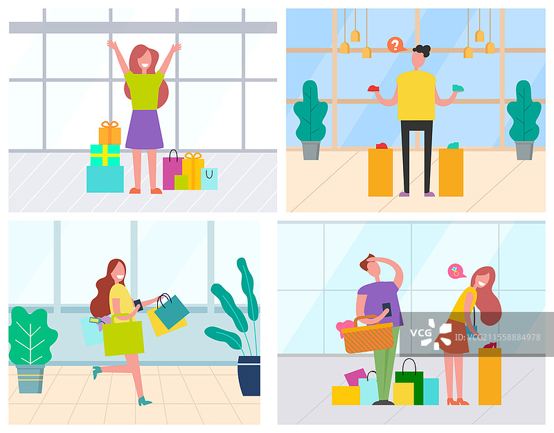 超市购物矢量图，男女手提购物袋和礼物。女士在商店里奔向特价商品，男顾客在挑选鞋子，情侣在市场购物。快乐的女性顾客在商店购物。图片素材