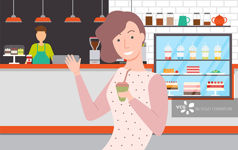 女性角色在咖啡馆享受咖啡，手持茶杯饮用饮料并向柜台的销售员挥手。货架上摆放着烘焙蛋糕。女性在餐饮店、面包店咖啡馆喝咖啡。图片素材