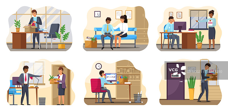 员工被解雇的失业场景。失望的年轻男商务人士带着装满物品的盒子离开办公室。办公室内部场景中有桌子和一堆文件，体现失业的概念。员工被解雇的失业场景。失望的年轻男商务人士带着盒子离开办公室。失业场景。图片素材