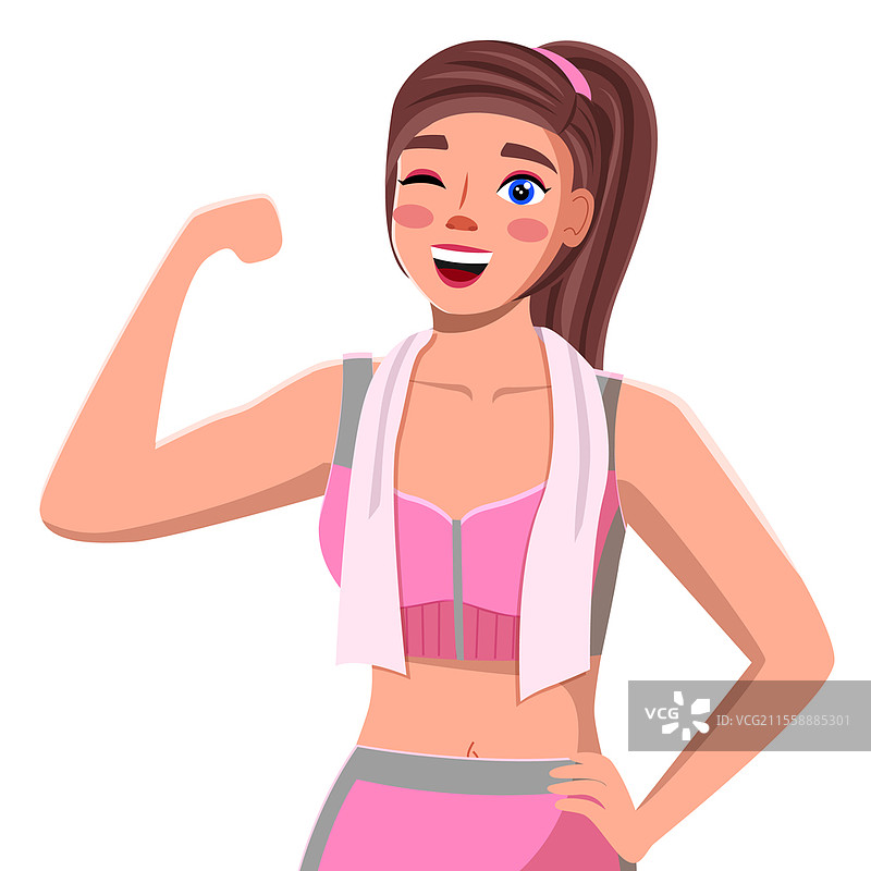 穿着运动服的美丽女孩在白色背景下慢跑，健身教练。年轻女性运动教练，训练后心情愉快，脖子上挂着毛巾。积极的生活方式。图片素材