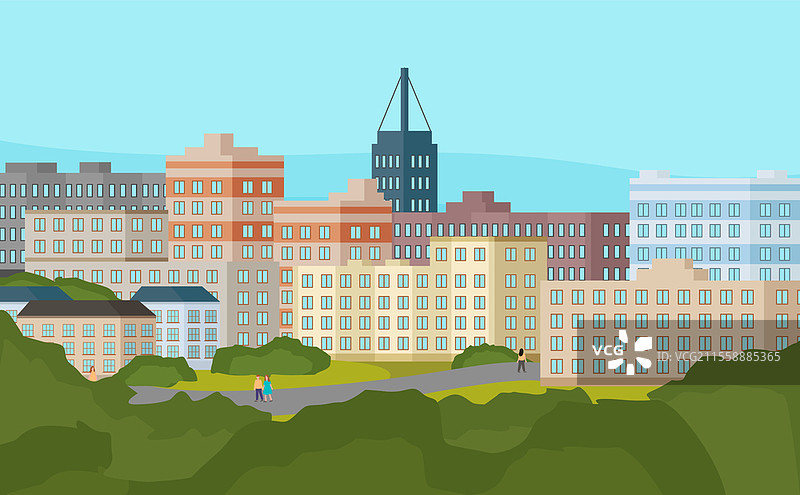 城市景观，城市街道，高楼大厦，清澈的天空背景，人们在路上行走，夏季，优美的城市场景或风景，绿树冠，灌木，平面卡通插图。城市景观，城市街道，高楼大厦，清澈的天空背景，人们在行走，夏季。图片素材