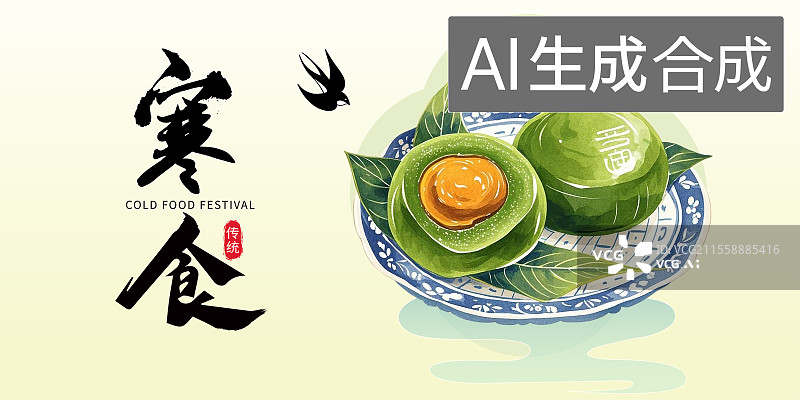 【AI数字艺术】寒食节青团清明节美食饭团糕点甜品手绘插画海报图片素材