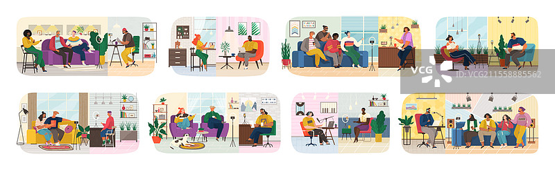 播客直播、广播的集合。音乐广播节目或音频博客。社交媒体网络博主合作。视频博主进行播客和广播。在录音室进行采访和视频录制。播客直播、广播。视频博主进行播客和广播。图片素材