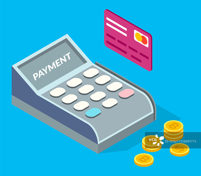 POS终端、信用卡和一堆金币。金融与商业。使用信用卡支付，刷卡机。电子金融。使用现代科技购买产品。卡通扁平图标。POS终端、信用卡和一堆金币，金融与商业，使用信用卡支付。图片素材