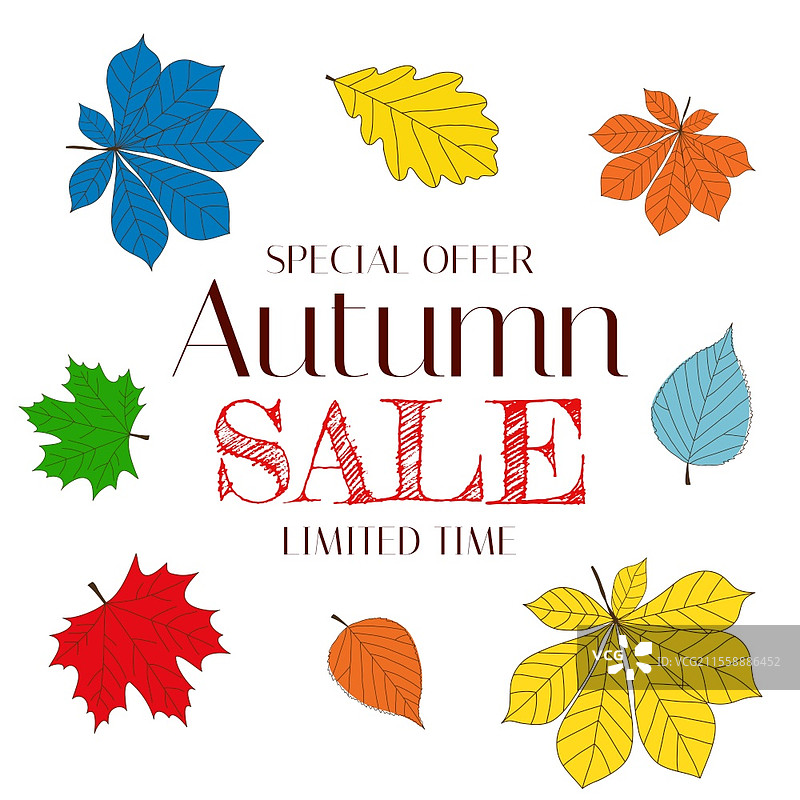 秋季促销背景模板，带有树叶。特价优惠。限时。矢量插图 EPS10。图片素材