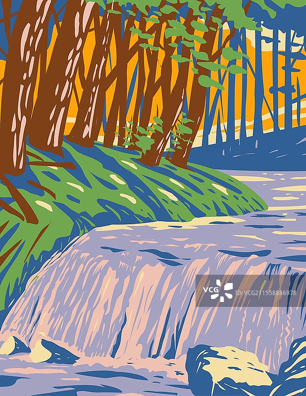 安吉丽娜国家森林中的博金溪瀑布海报艺术，位于东德克萨斯州的圣奥古斯丁、安吉丽娜、贾斯珀和纳科多奇斯县，采用工作项目管理风格。图片素材