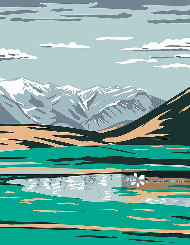 阿拉斯加州北坡区加尔布雷斯湖附近的布鲁克斯山脉的WPA海报艺术，采用工作项目管理风格或联邦艺术项目风格。图片素材