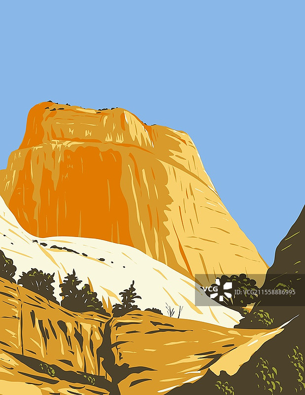 在犹他州韦恩县的首都礁国家公园，金色宝座岩石形成的圆顶山的WPA海报艺术，采用工作项目管理风格或联邦艺术项目风格。图片素材