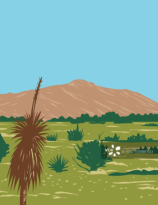 亚利桑那州科罗纳多国家森林内的萨瓜罗国家公园里，林孔山脉的林孔峰的WPA海报艺术。图片素材