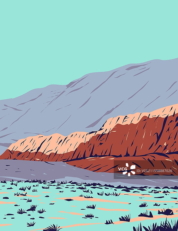 红岩峡谷国家保护区的海报艺术，位于美国内华达州克拉克县，采用工作项目管理风格或联邦艺术项目风格。图片素材