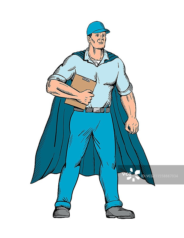 卡通风格插图，描绘一位穿着斗篷、手持夹板的工人，正面站立，背景为纯色，色彩鲜艳。图片素材