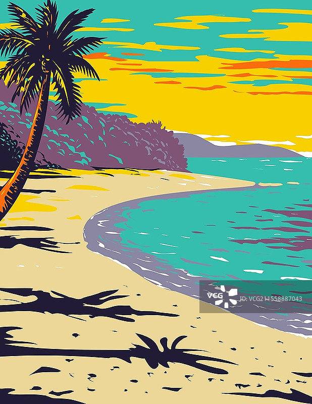 特朗克湾海滩，位于加勒比海圣约翰岛的维尔京群岛国家公园内，采用工作项目管理风格或联邦艺术项目风格的海报艺术。图片素材