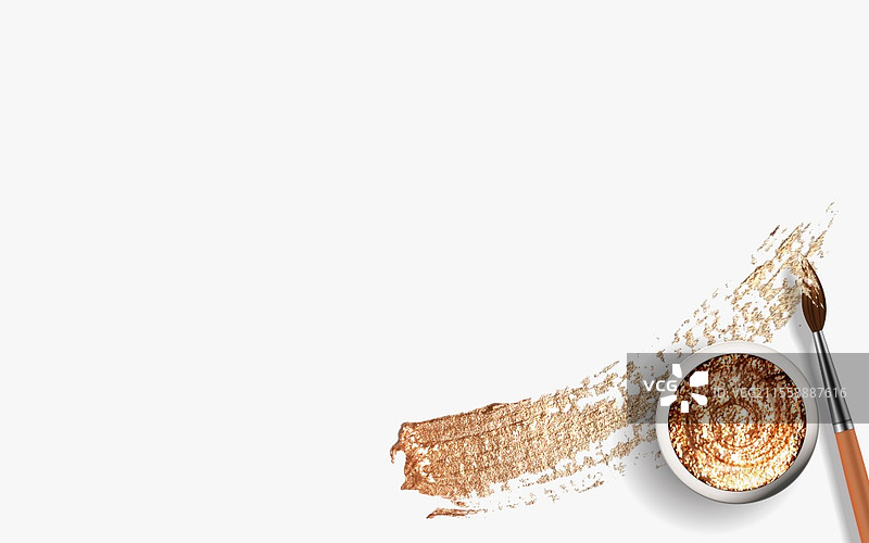 金色画笔笔触，装有水粉颜料的罐子，逼真的3D木质画笔，矢量插图。金色画笔笔触，装有水粉颜料的罐子，逼真的3D木质画笔，矢量插图EPS10。图片素材