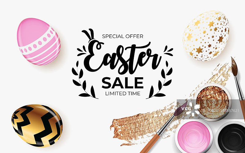 复活节促销海报模板，带有3D真实感复活节彩蛋和颜料。适用于广告、海报、传单、贺卡的模板。矢量插图。复活节促销海报模板，带有3D真实感复活节彩蛋和颜料。适用于广告、海报、传单、贺卡的模板。矢量插图EPS10图片素材