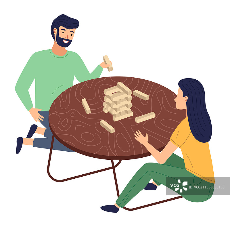 已婚夫妇在桌子上玩积木塔。木棍、磨刀石。拉动积木。注意力和毅力的发展。来自坦桑尼亚的游戏。儿童木方块。桌面游戏，家庭乐趣。夫妇坐在地板上的圆桌旁玩积木塔。家庭游戏。平面插图。图片素材