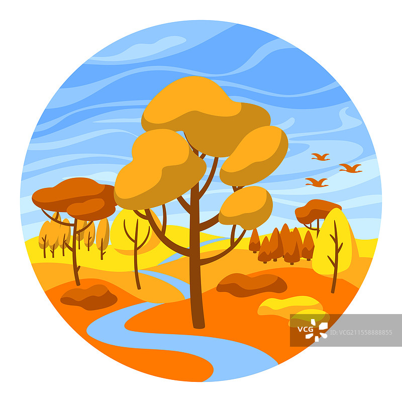 秋季风景，森林、树木和灌木。季节性自然插图。秋季风景，森林、树木和灌木。图片素材