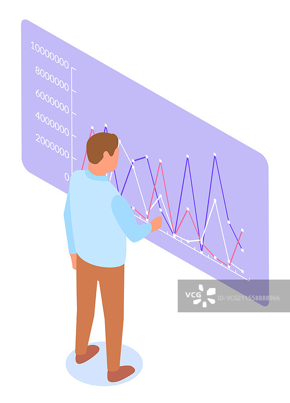 商人使用全息演示。数据图表和统计图示在板上，矢量插图。项目经理分析数据。商业人士专家分析师查看报告。商人使用全息演示。数据图表和统计图示在板上，矢量插图。图片素材