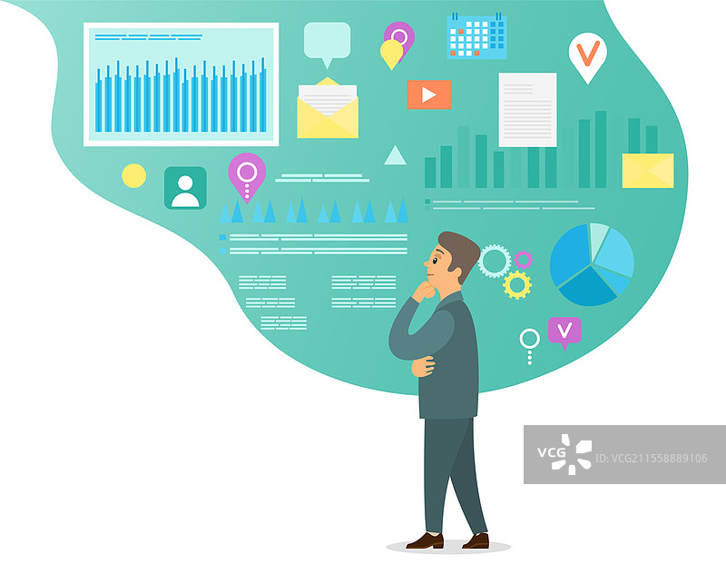 深思熟虑的商人。男人在审视战略，组织工作时间，分析数据、图表、收入信息，进行商业工作，使用分析图标。办公室工作人员在分析统计数据。深思熟虑的商人，男人在审视战略，组织工作时间，分析数据和图表。图片素材
