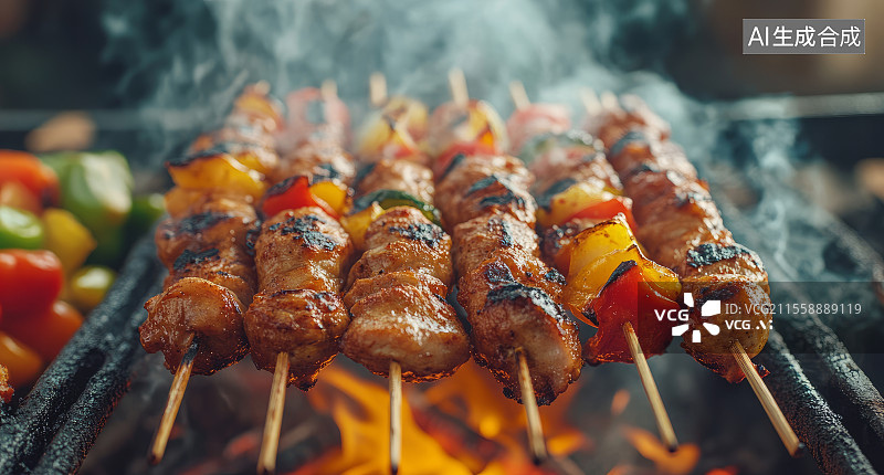 【AI数字艺术】烤架上的肉类蔬菜串图片素材