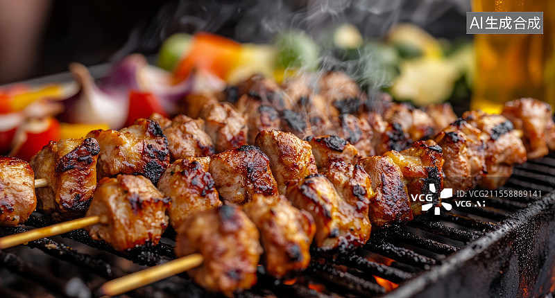 【AI数字艺术】烤架上的肉类蔬菜串图片素材