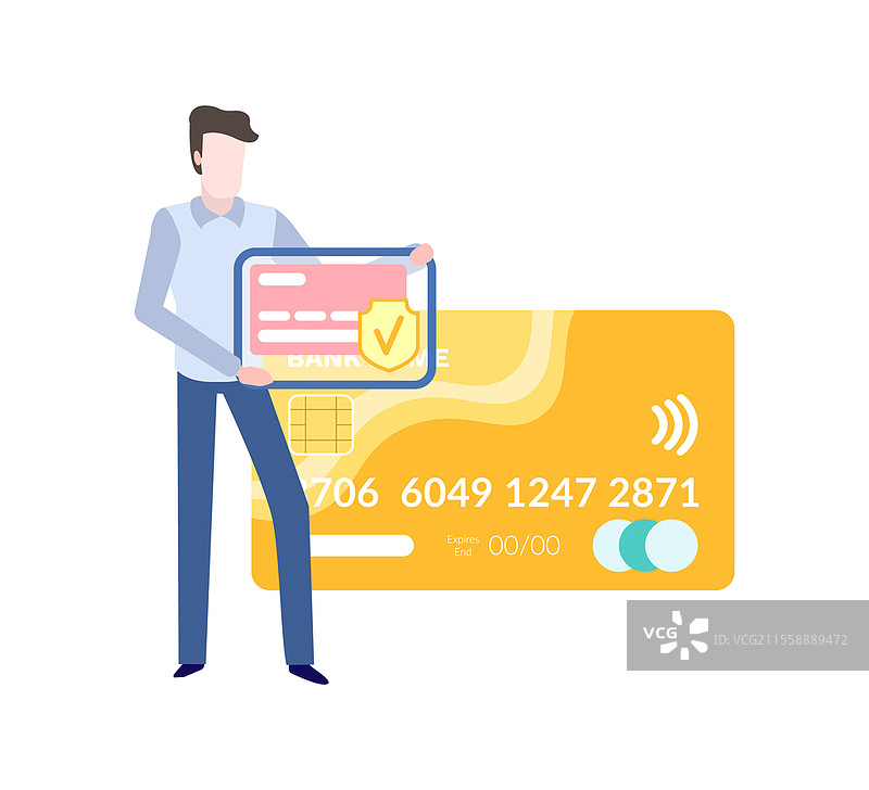手持名片的男人，背景为白色。矢量图展示了货币转移、支付和兑换、信用卡和买家，银行广告。图片素材