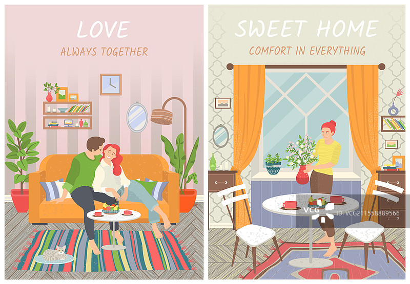 甜蜜的家居矢量图，恋爱中的情侣在家中度过时光，扁平风格。客厅的室内，女士在厨房里与室内植物。沙发上有靠垫。甜蜜的家，房间里的情侣在沙发上。图片素材