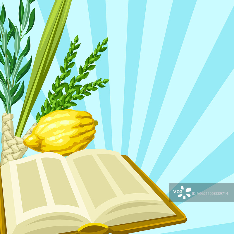 快乐的住棚节贺卡。节日背景配有犹太节日的传统象征。四种植物：香柠檬、棕枝、柳树和桃金娘枝。图片素材