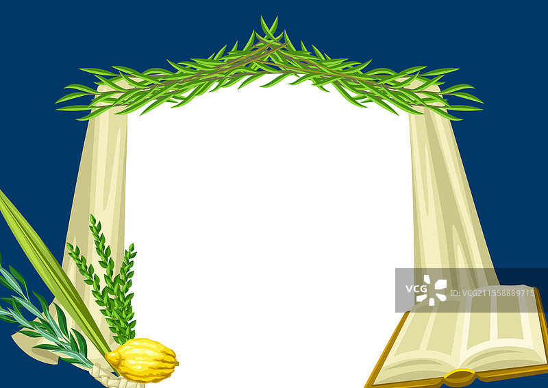 快乐的住棚节贺卡。节日背景配有犹太节日的传统象征：四种植物，佛手柑、棕榈枝、柳枝和香桃木枝。图片素材