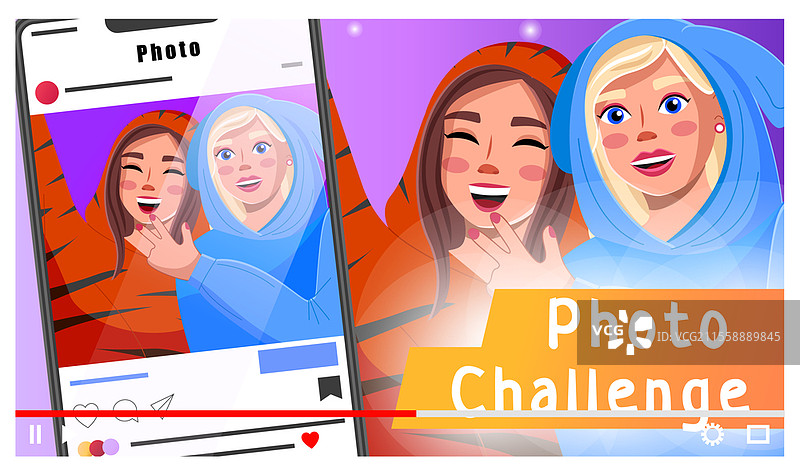 两个年轻漂亮的女孩穿着搞笑的服装用智能手机自拍。喜欢照片，挑战照片，Instagram。博主为订阅者制作视频。博主，主播。在线教育大师班。年轻女性博主为订阅者制作视频。社交网络，喜欢照片。平面矢量图像。图片素材