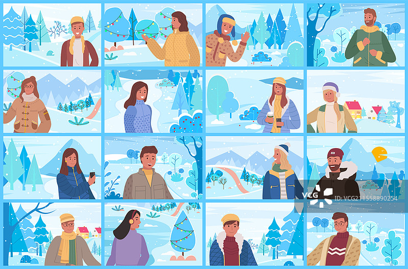 冬季公园或森林中人们度过时光的集合。树木和灌木的风景，雪花飘落和圣诞装饰植物。户外节日庆祝活动，角色矢量图集。公园或森林中的冬季假期，人们集合。图片素材