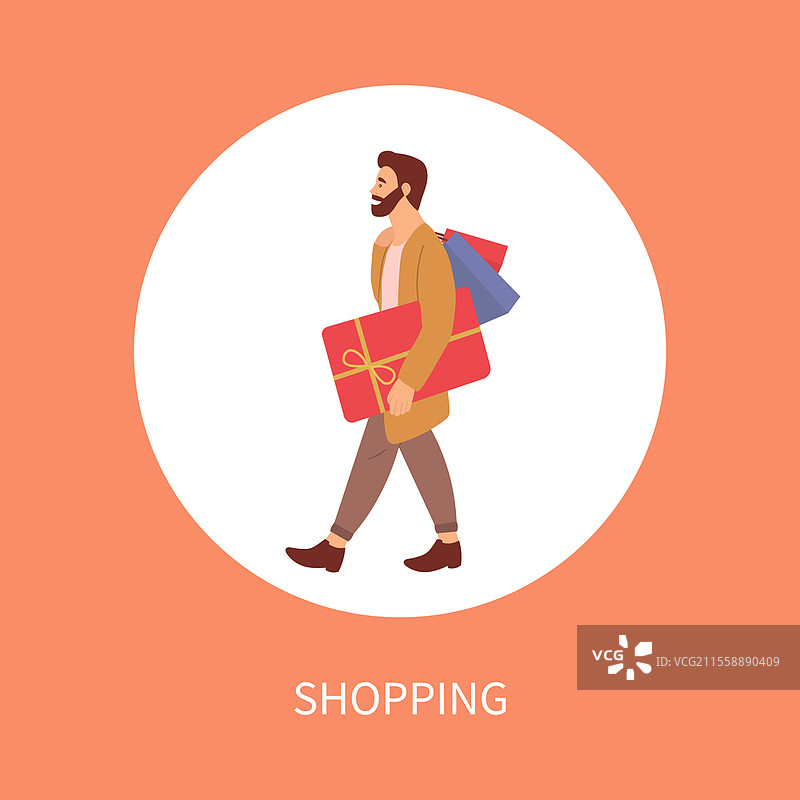 店内最终促销公告。明信片封面上是一位严肃的胡子男人与礼品盒。年轻帅气的时尚男士，背景为灰色。男性角色正在购买圣诞礼物。店内最终促销公告。明信片封面上是一位严肃的男人与礼品盒。图片素材