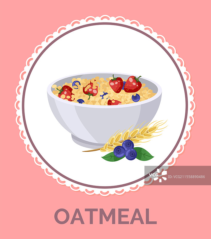 白盘中的草莓燕麦粥，适用于菜单、食谱和包装设计的插图。健康的早餐麦片、麦片、坚果和水果的谷物，盛在深碗中，配有麦穗和蓝莓。白盘中的燕麦粥。健康的早餐麦片、麦片和水果的谷物，盛在深碗中。图片素材