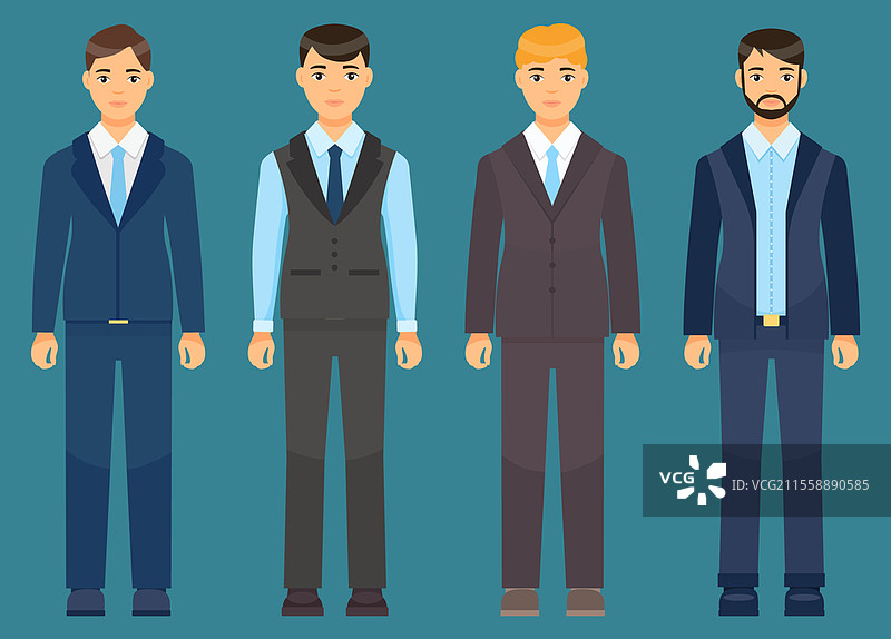 矢量卡通角色集合。穿着西装或礼服的商人，配有外套、领带、衬衫、背心和裤子。成年商务人士的着装规范。不同风格的服装。男士服装。西装或礼服的男性套装，金发、棕发、褐发的商人，办公室工作风格。图片素材