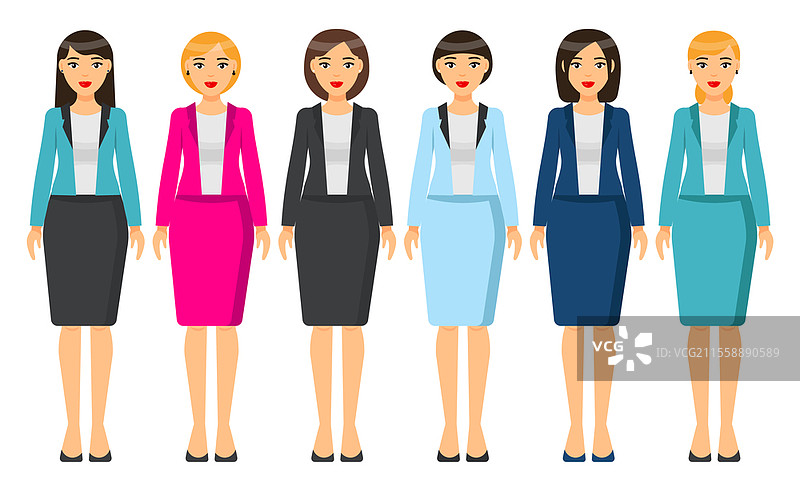卡通人物。短发的棕发女性穿着不同的服装。女孩的商务造型。女商人穿着商务裙、衬衫和西装外套。职业女性的着装规范，服装套装，女性内衣，办公室风格。图片素材