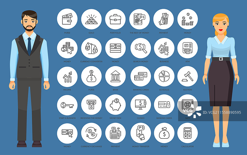 薄线风格的网页图标。适用于网站或移动应用的网页标志和符号。与金钱、在线交易、在线银行、创业或开办业务相关的概念。穿着办公服装的商务人士。图片素材