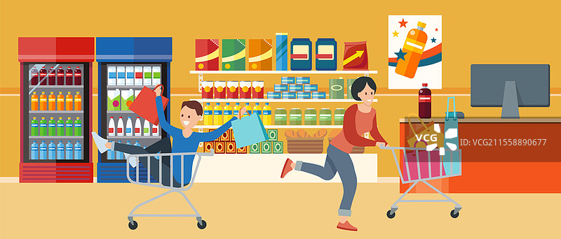 顾客在杂货店购物，手中提着购买的商品。超市促销和折扣。购物车里装着袋子的女性。一群人急匆匆地赶往促销区购买食品。人们推着购物车在杂货店购物，手中提着购买的商品。超市促销和折扣。图片素材