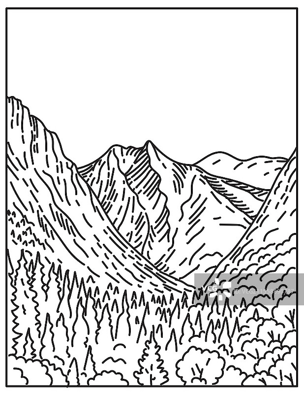 加州内华达山脉的国王峡谷，来自国王峡谷国家公园的乐园谷，采用复古黑白单线艺术风格绘制。图片素材